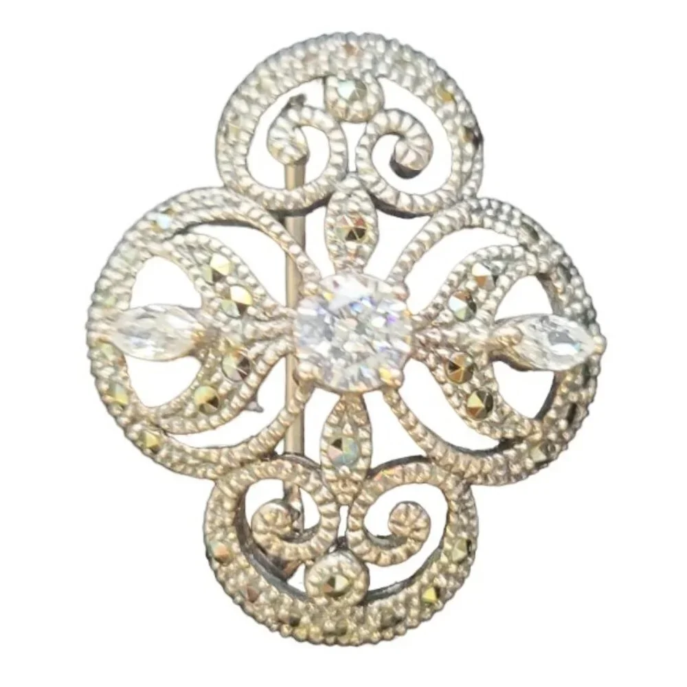 Brooche/Pin-silver colored with Marcasite-Approx 1” in size.